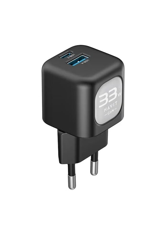 هافيت شاحن حائط سريع Havit بقوة 33 واط بتقنية GaN مع منفذين – PD 33W + PPS 30W | شحن ذكي لأجهزة اللابتوب والهواتف الذكية والساعات الذكية – موديل UC230EU – أسود - Image 1